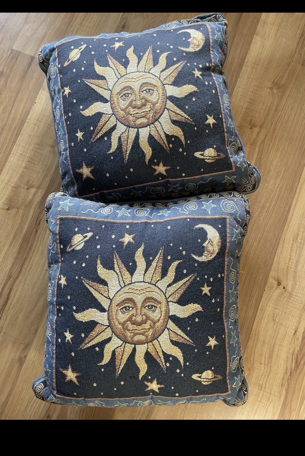 Vintage Celestial Sun Moon Stars Tapestry Throw Pillows Pair Blue Whimsigoth 90s