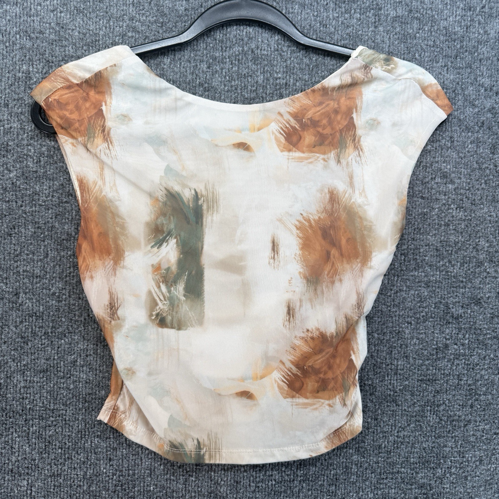 Y2K Top Womens M Beige Tie Dye Mesh Open Back Crop 90s Grunge Festival Casual
