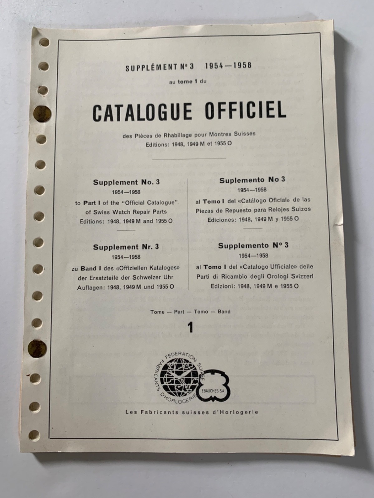 EBAUCHES SA - LES FABRICANTS SUISSES D'HORLOGERIE SUPPLEMENT NO. 3 1954-1958