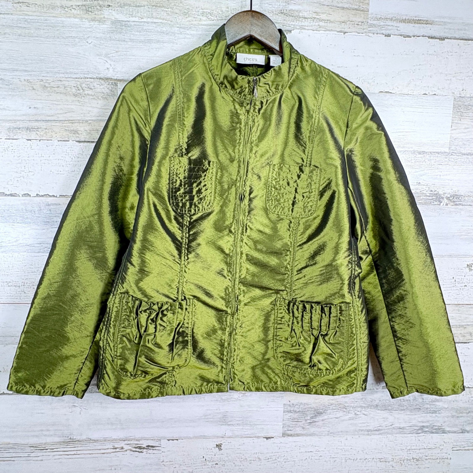 Chico\'s Chartreuse Green Lightweight Jacket Top Pockets Full Zip Coat Sz 1/US 8