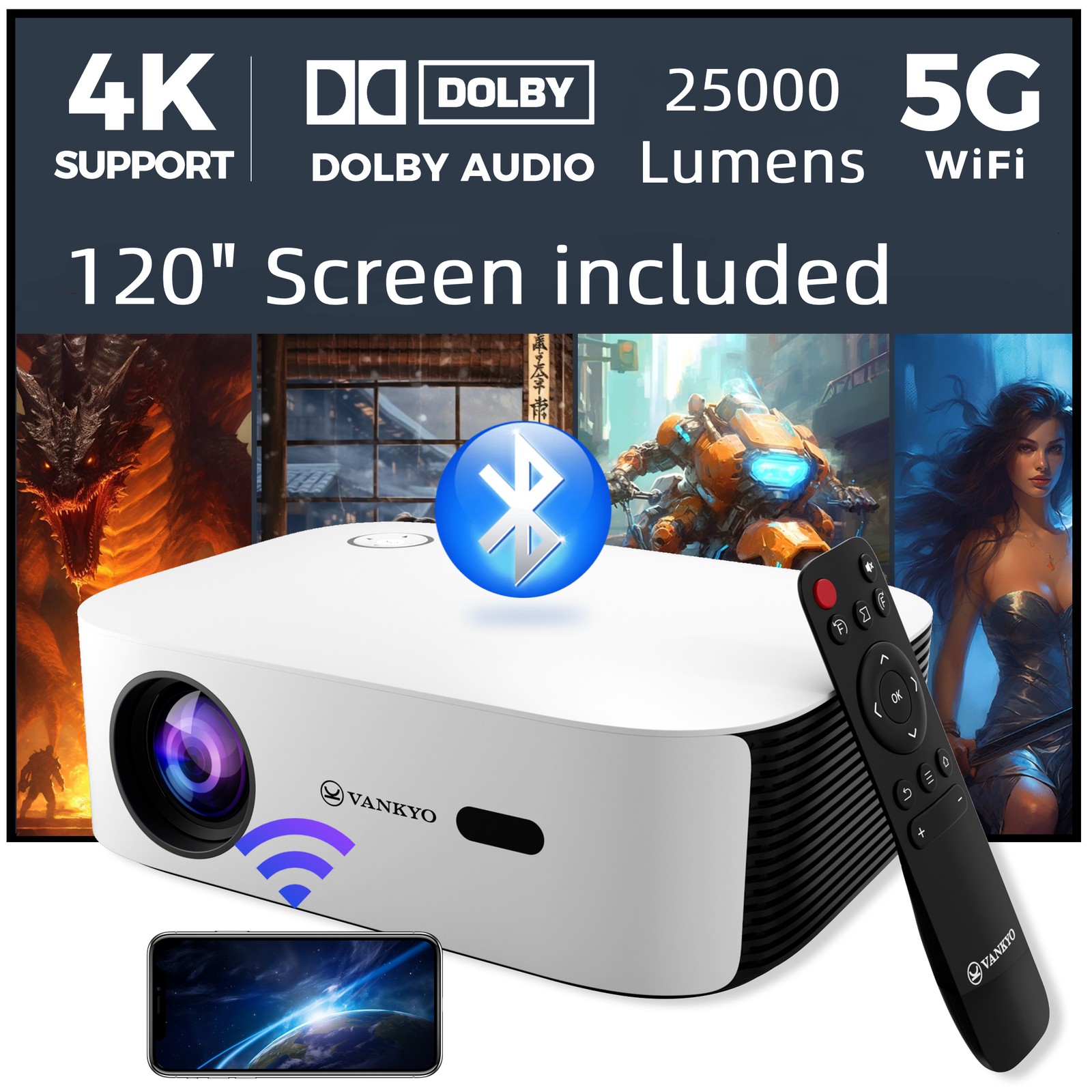 4K Projector Dolby 45000LMS 5G WiFi Bluetooth Video Home Theater W/ 120 4K Projector Dolby 45000LMS 5G WiFi Bluetooth Video Home Theater W/ 120