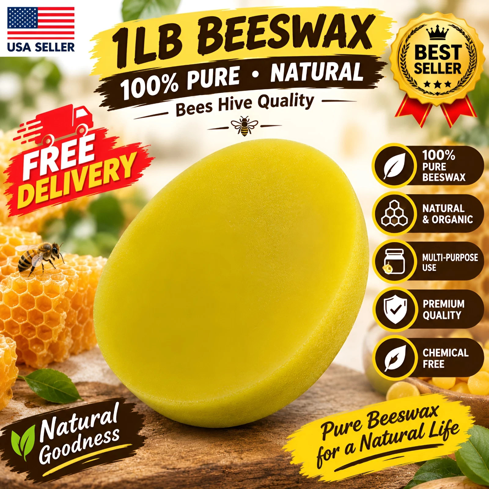 1lb Beeswax Bee Wax Natural, 100% Pure, Bees Hive Quality