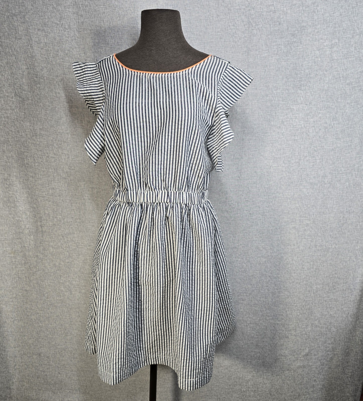 THML Anthropologie Women\'s Flutter Sleeve Dress Large  Seersucker Casual NWT