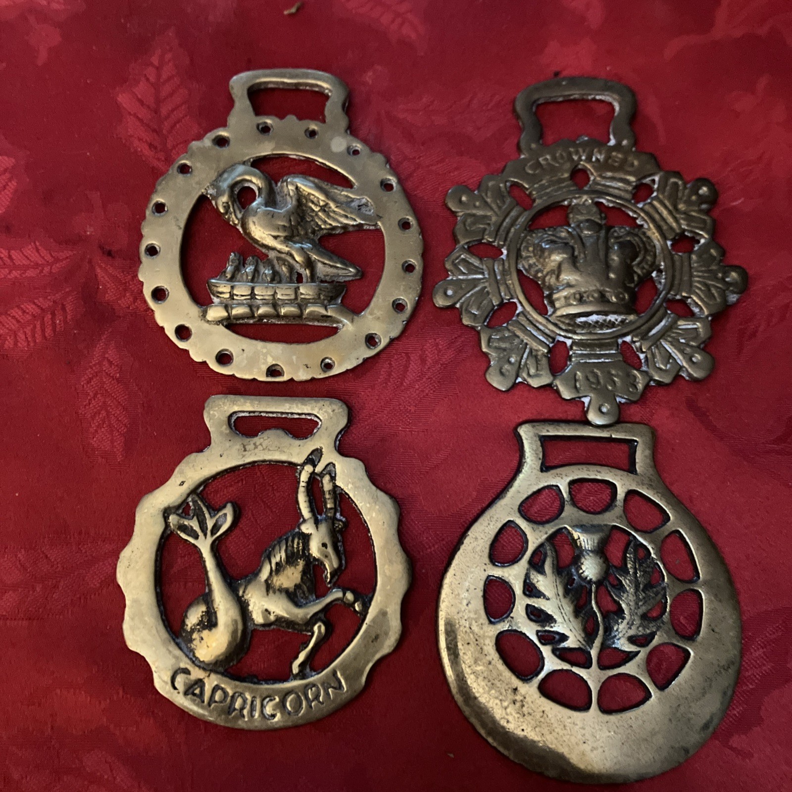 4 Vint British Horse Brasses- Capricorn Zodiac, Liver Bird, Thistle, Royal Crest