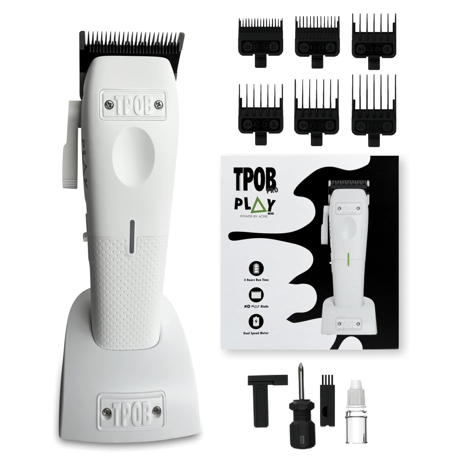 TPOB Mini Play Hair Clippers White Cordless Dual Speed 6 Guide Combs USB-C