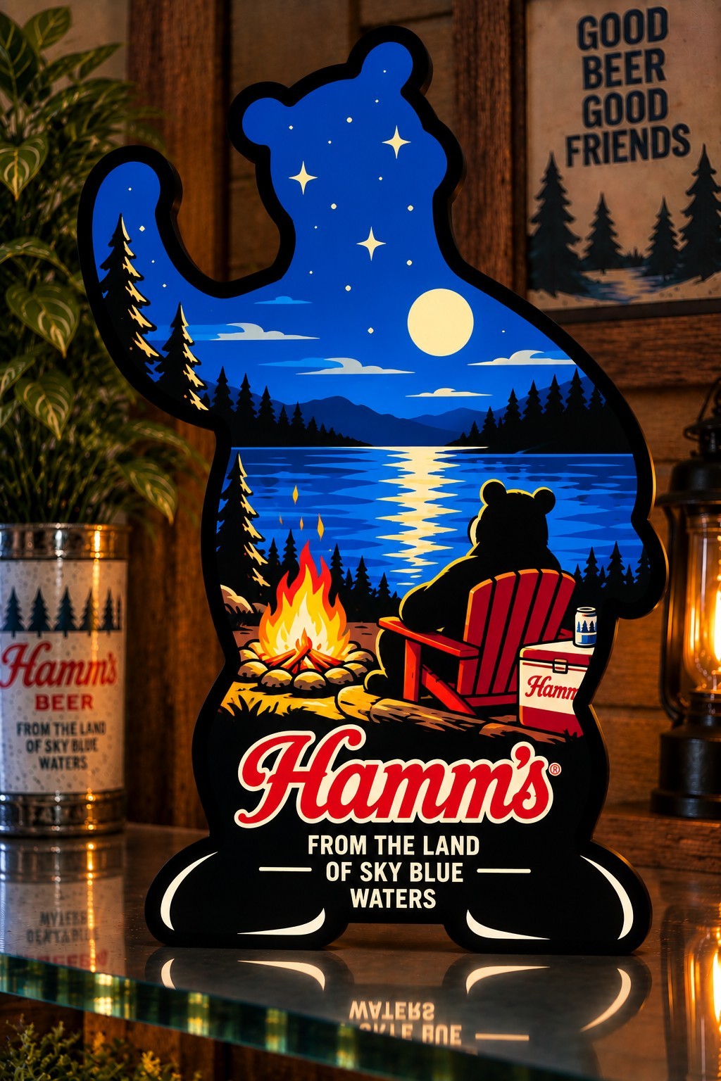 Hamm’s Beer Bear Campfire Lake LED Light Box Sign Vintage Bar Cabin Man Cave