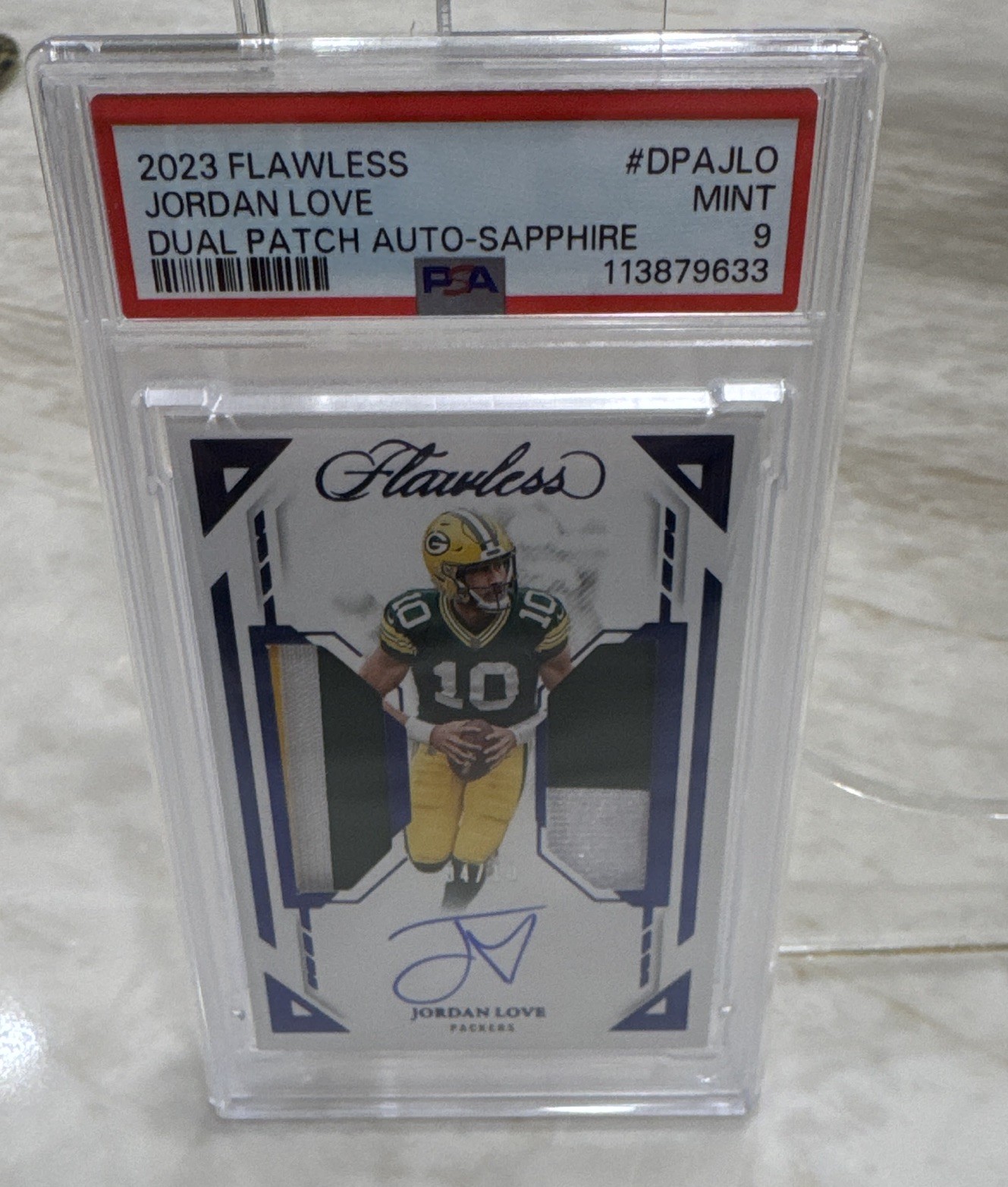 Panini 2023 Flawless Jordan Love Packers Dual Patch Auto Sapphire PSA 9 /10 Panini 2023 Flawless Jordan Love Packers Dual Patch Auto Sapphire PSA 9 /10