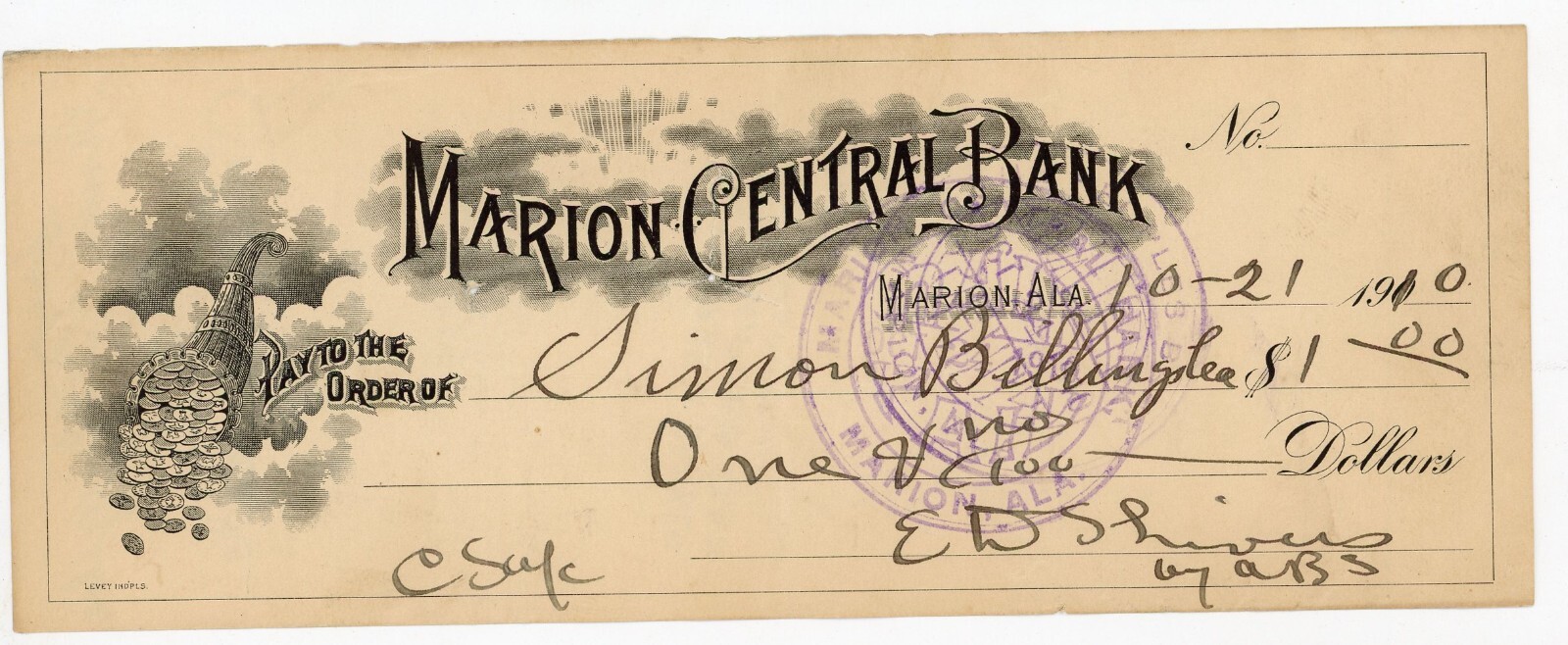 1910 Marion Central Bank Check Alabama Simon Billingslea Antique ED Shivers