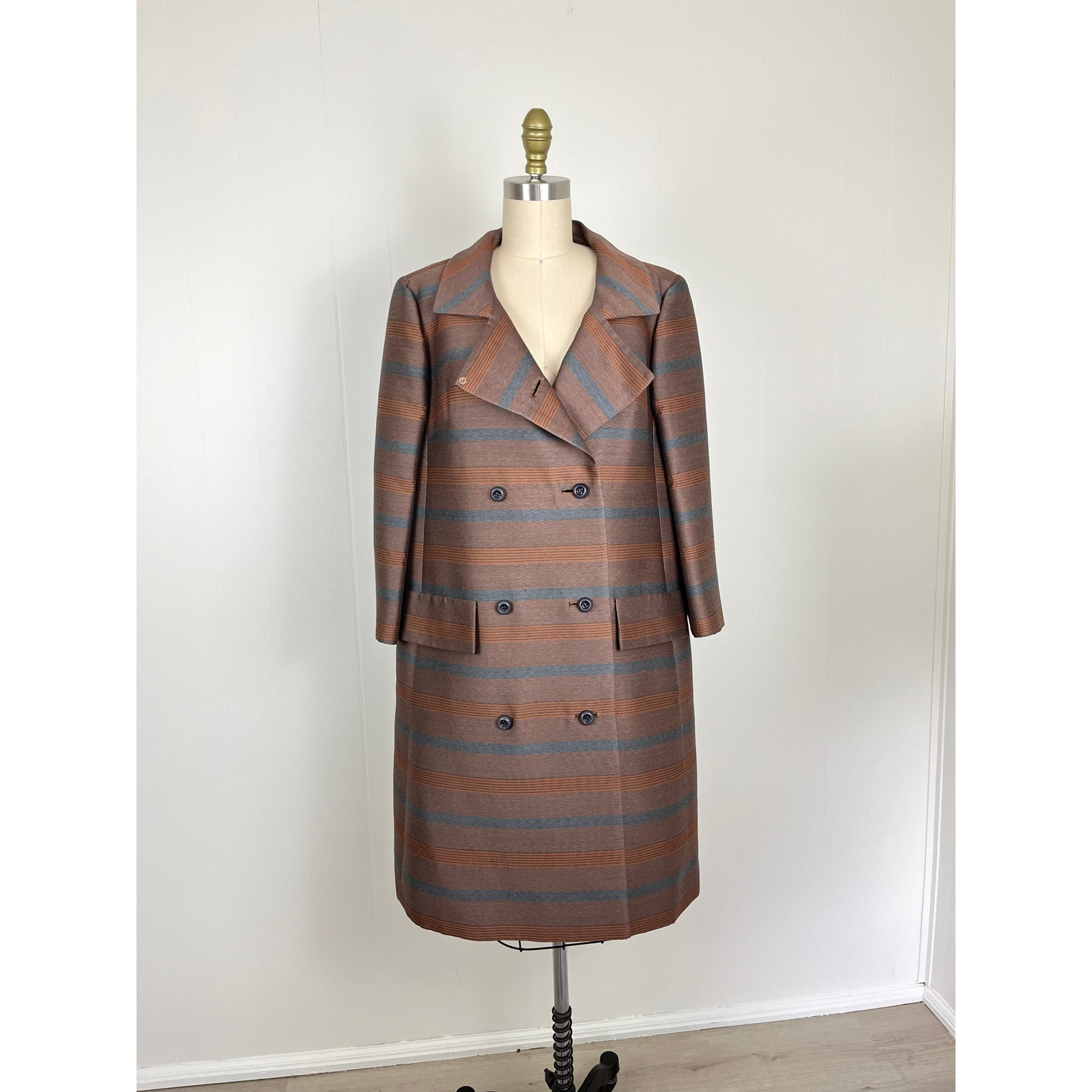 True Vintage 1950s 60s Betti Brent Brown Striped Peacoat Coat Medium Large