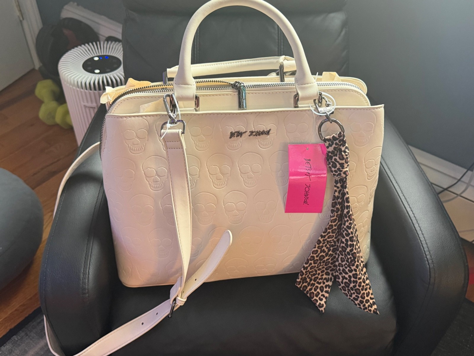 Betsey Johnson Skull Satchel Chalk Cream Handbag w/ Scarf BM20535 New With Tags