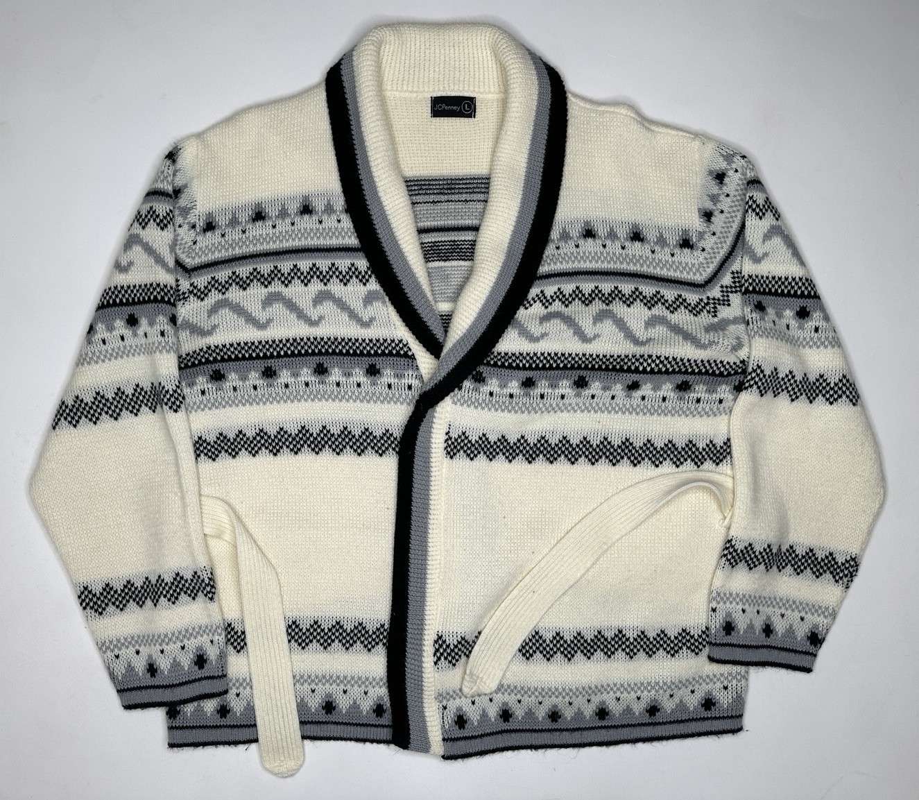 Vintage JC Penny Shawl Collar Fair Isle Belted Cardigan Sweater | L