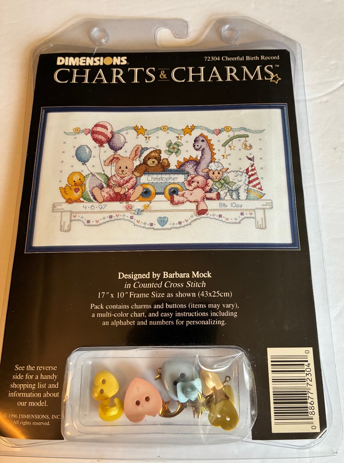 1996 Dimensions CHEERFUL BIRTH RECORD Charts Charms Counted Cross Stitch #72304 1996 Dimensions CHEERFUL BIRTH RECORD Charts Charms Counted Cross Stitch #72304