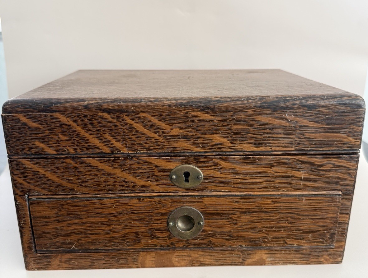 Antique Oak Silverware Chest with Green Velvet Lining and Drawer Antique Oak Silverware Chest with Green Velvet Lining and Drawer