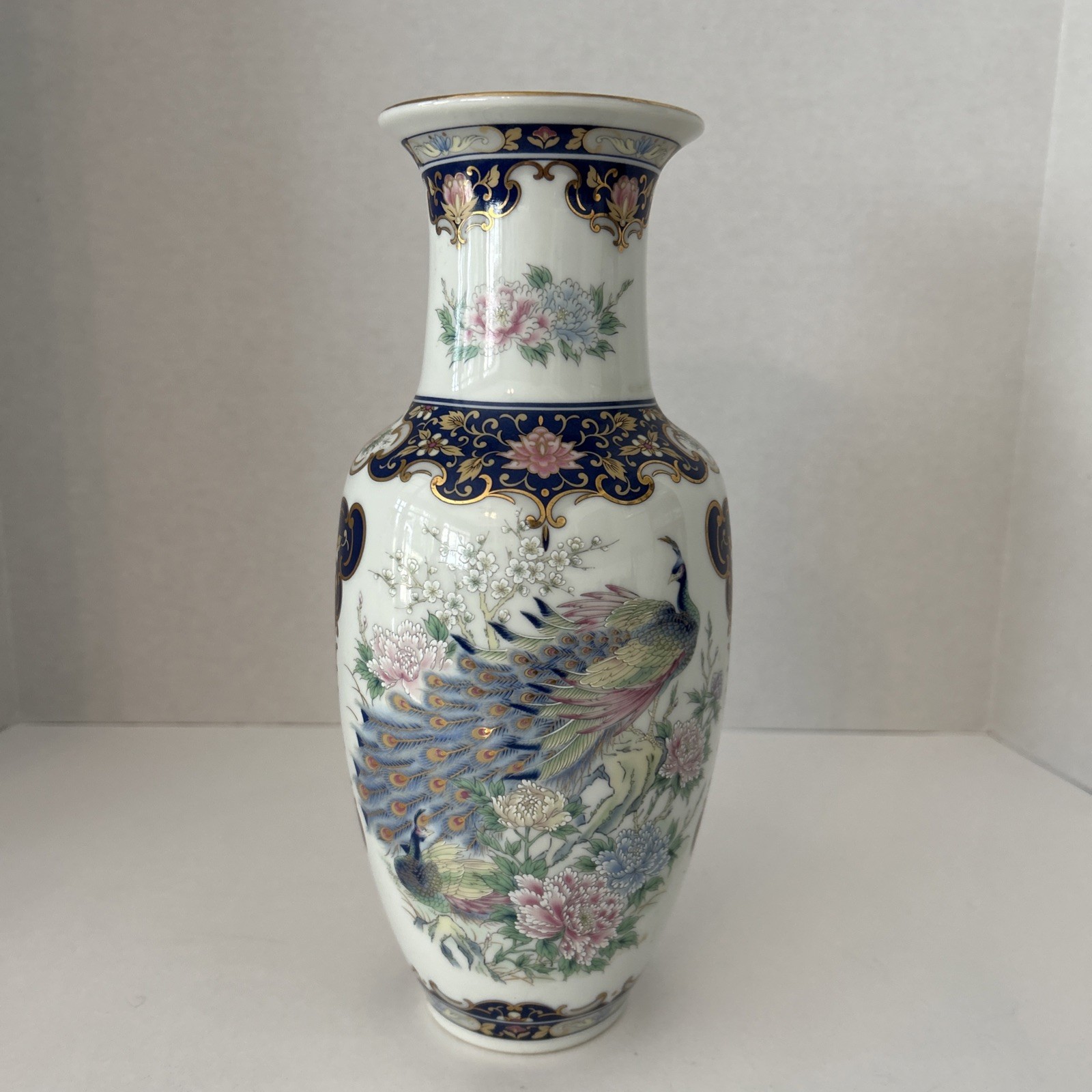Vintage Japanese Porcelain Chinoiserie Vase Featuring Hand-painted Peacocks