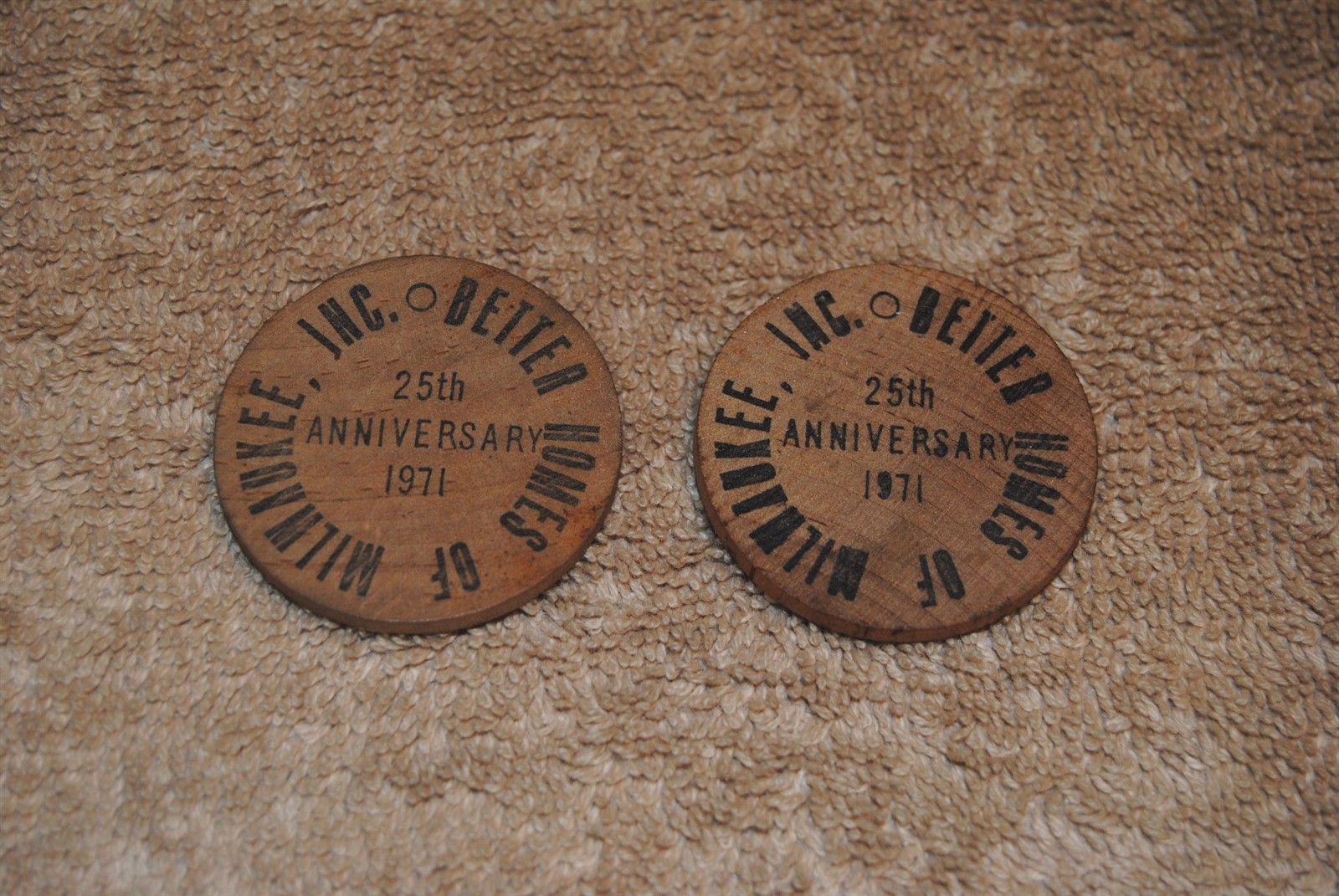Vintage 1971 Better Homes of Milwaukee Real Estate Promo Wooden Coins