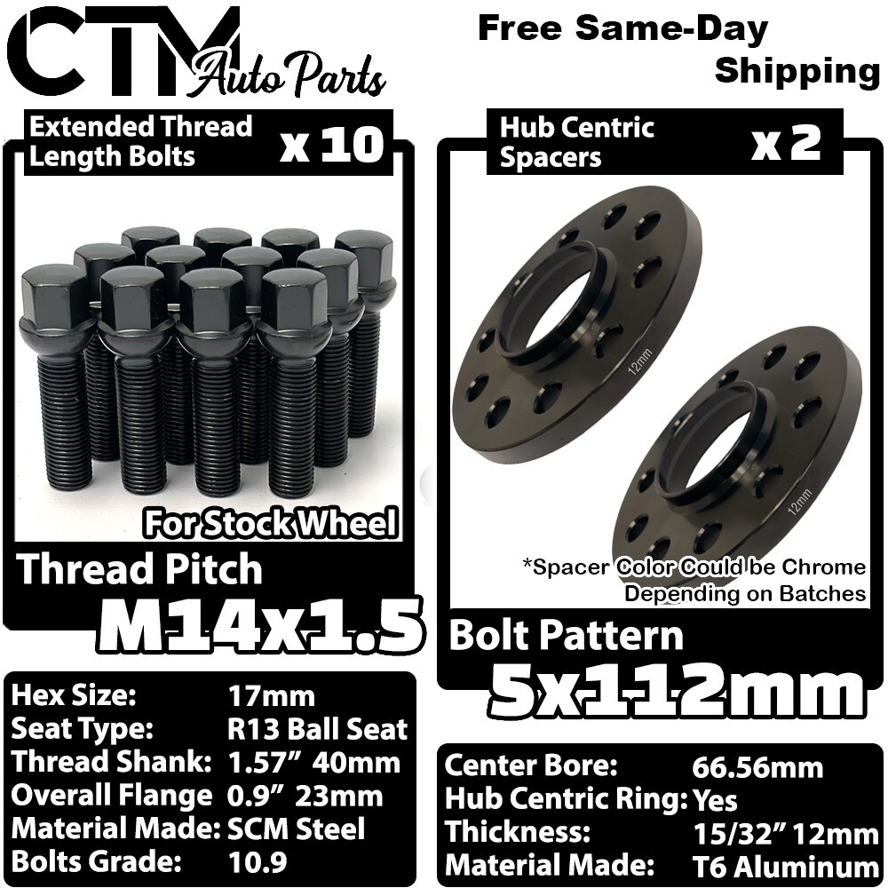 2x 12mm Thick 5x112 66.56mm CB Wheel Spacer Black Bolt Audi & Macan Stock Wheels