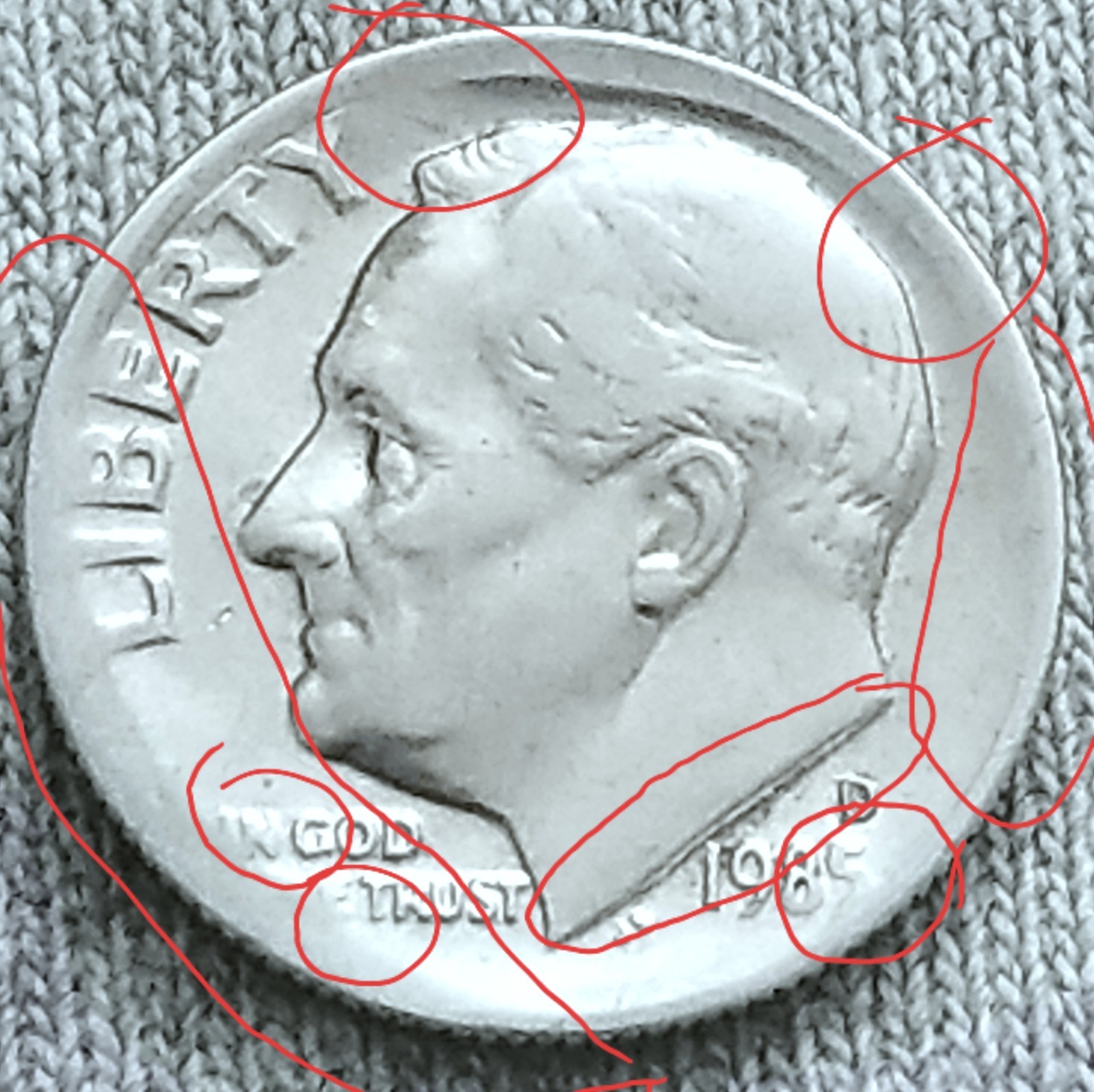 1985 D Roosevelt Dime 10c Strike Errors Broadstrike error Fade Fat Letters GREAT 1985 D Roosevelt Dime 10c Strike Errors Broadstrike error Fade Fat Letters GREAT