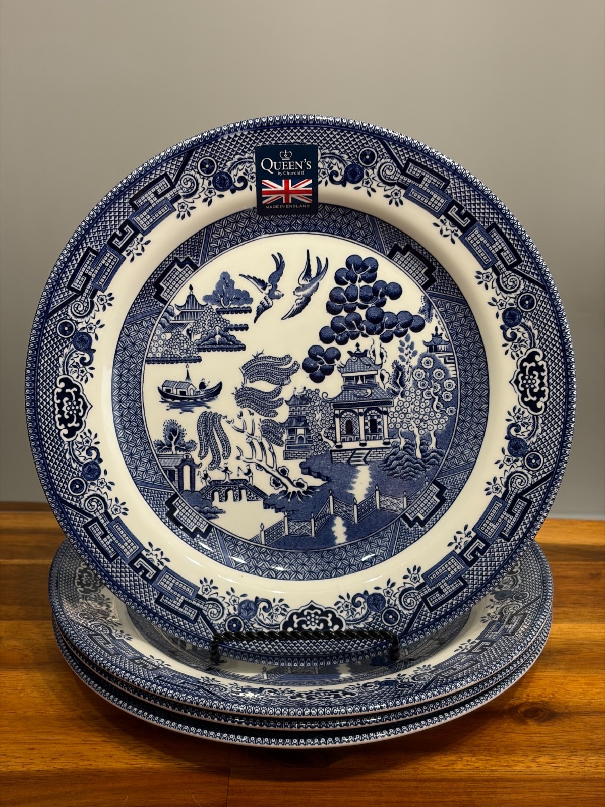 4pc Queen's Churchill ASIAN BLUE WILLOW DINNER PLATES 10.25