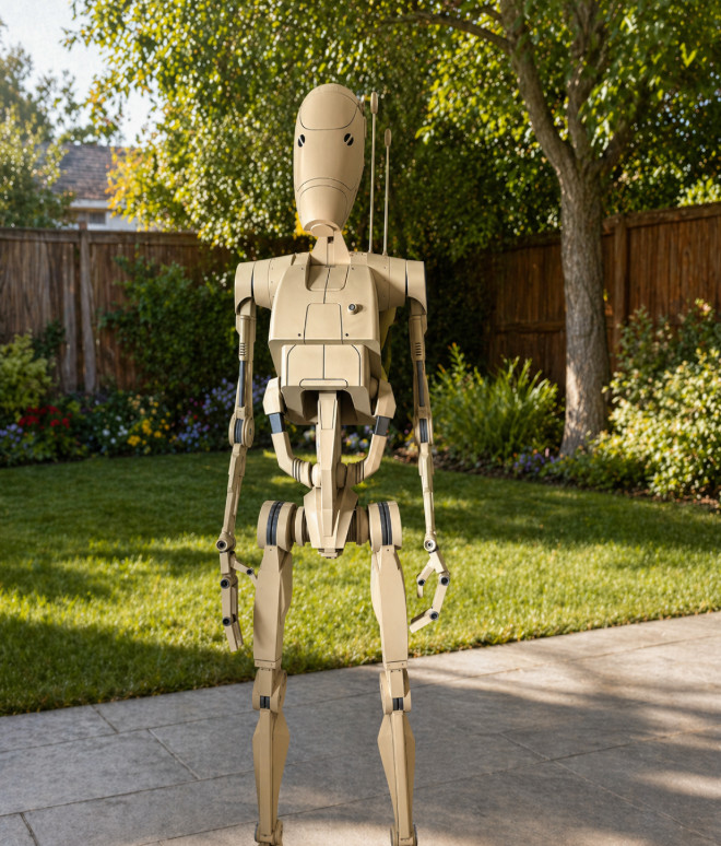 Life Size Battle Droid With backpack kit ready for display