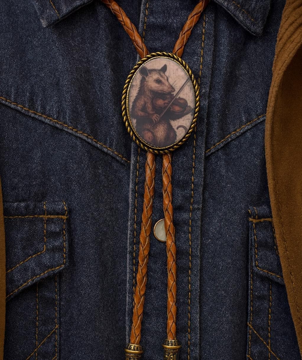 Opossum Playing Fiddle Bolo Tie Vintage Western Leather Cowboy Necktie