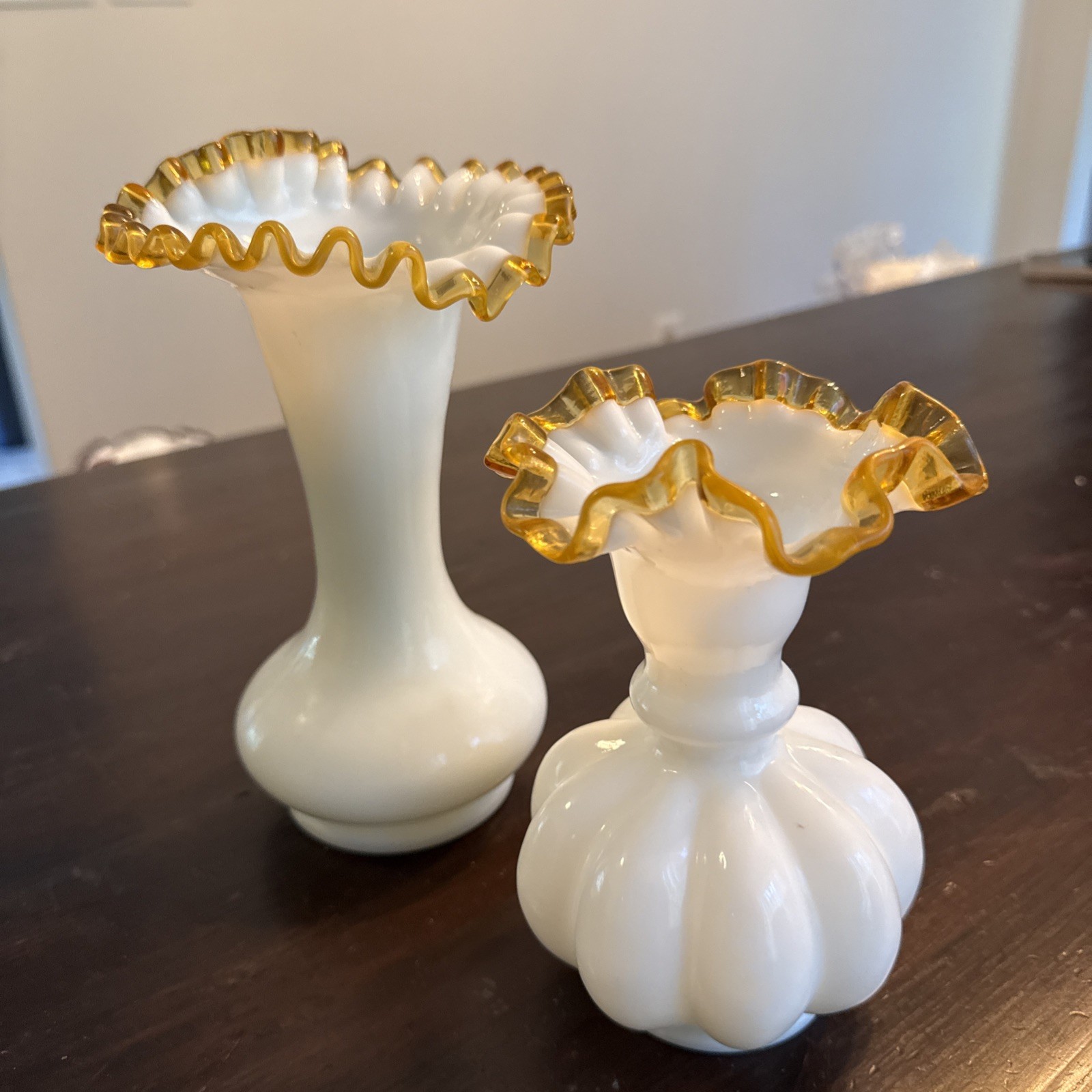 Vtg 1940s Fenton Art Gold Crest Amber White Milk Glass Ruffle 8” & 6 “ Vases Vtg 1940s Fenton Art Gold Crest Amber White Milk Glass Ruffle 8” & 6 “ Vases