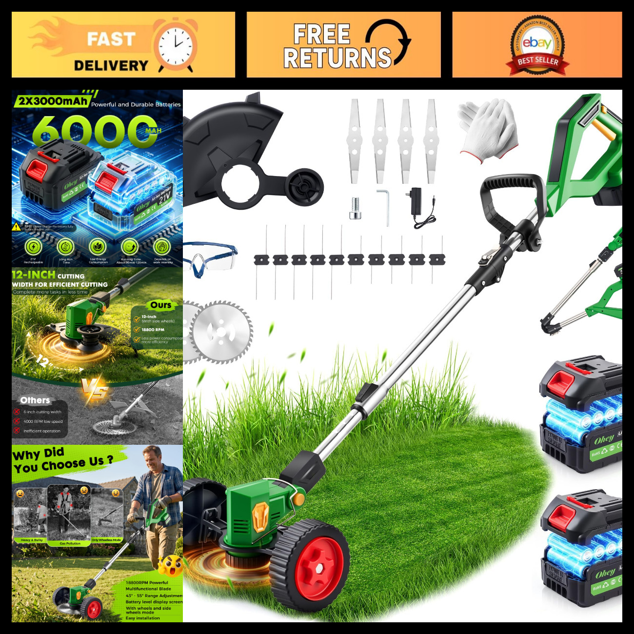 High-Power 20000RPM Cordless Weed Wacker, 4-in-1 Electric String Trimmer, LED Di High-Power 20000RPM Cordless Weed Wacker, 4-in-1 Electric String Trimmer, LED Di
