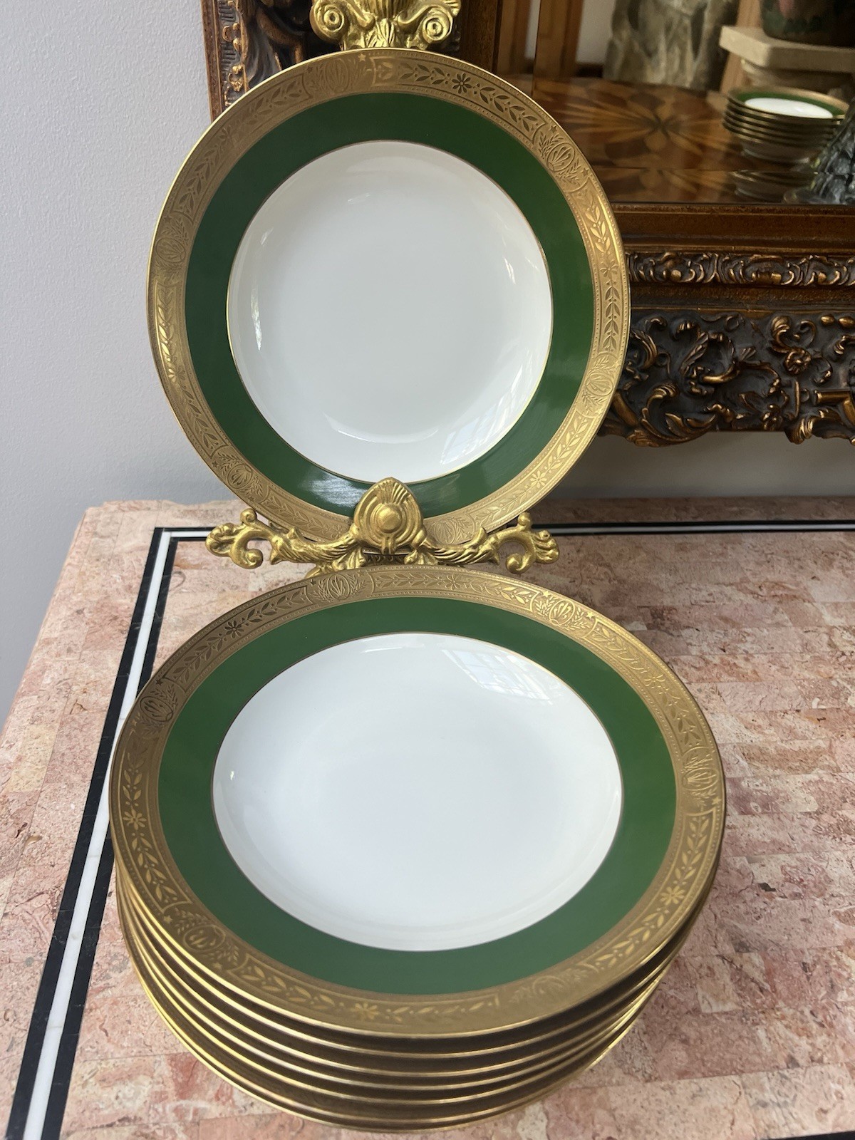 8 Vintage Rare Signed Martial M. Raynaud Limoges Green Gold Dinner Soup Plates