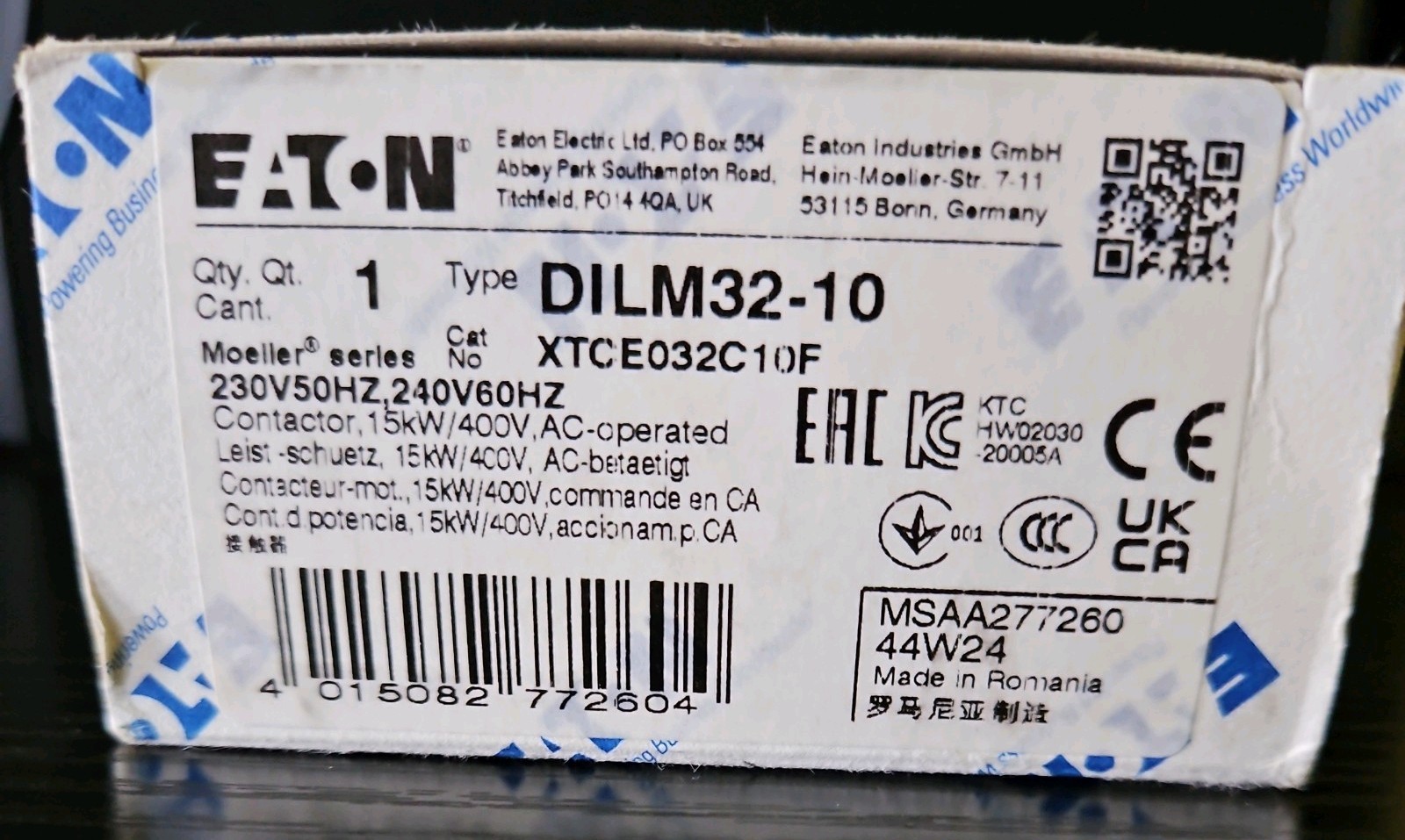 Eaton Moeller DILM32-10 Contactor XTCE032C10F 230V 50Hz / 240V 60Hz 3P