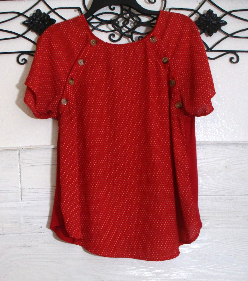 Ophelia Roe Women\'s Top Size L Short Sleeve Red Polka Dot Round Neck