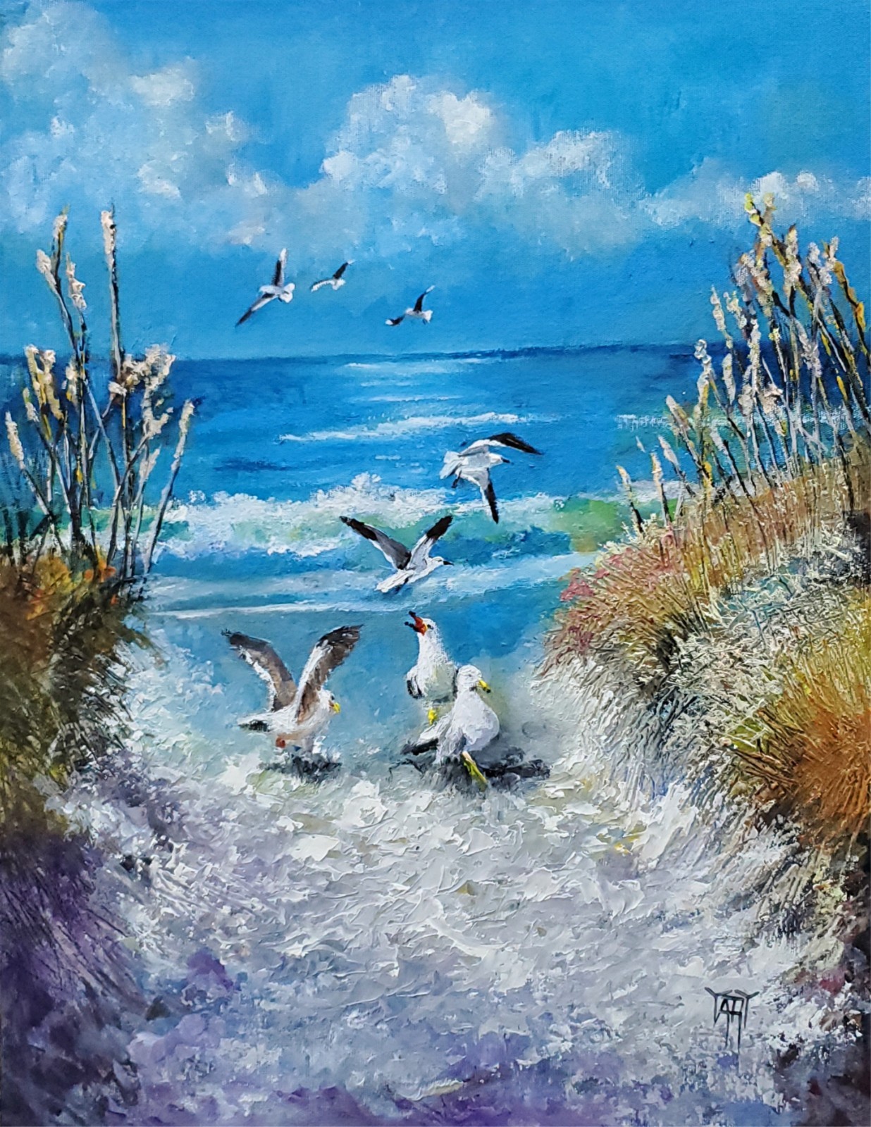 YARY DLUHOS Beach Sand Seascape Ocean Waves Sea Gulls Original Art Oil Painting YARY DLUHOS Beach Sand Seascape Ocean Waves Sea Gulls Original Art Oil Painting