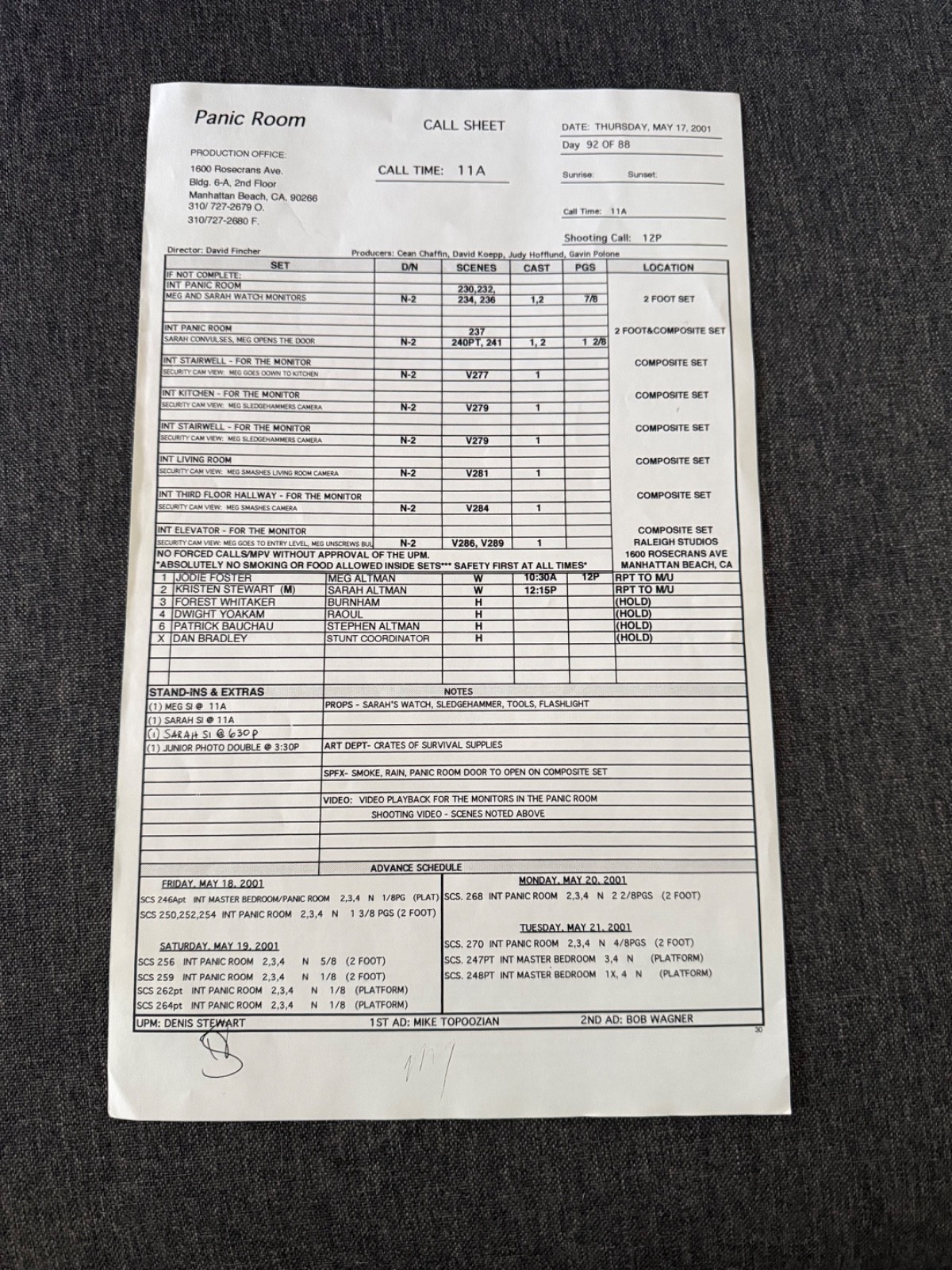 PANIC ROOM JODIE FOSTER ORIGINAL CALL SHEET RARE 2002 DAVID FINCHER 