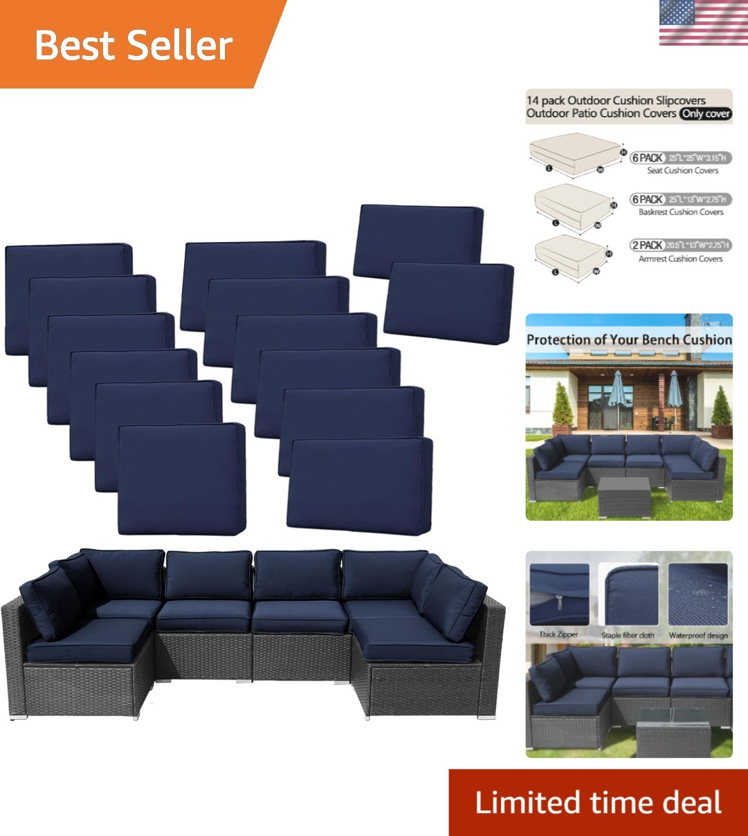 Dark Blue 14-Piece Waterproof Cushion Covers - Full Protection for Outdoor Sofas