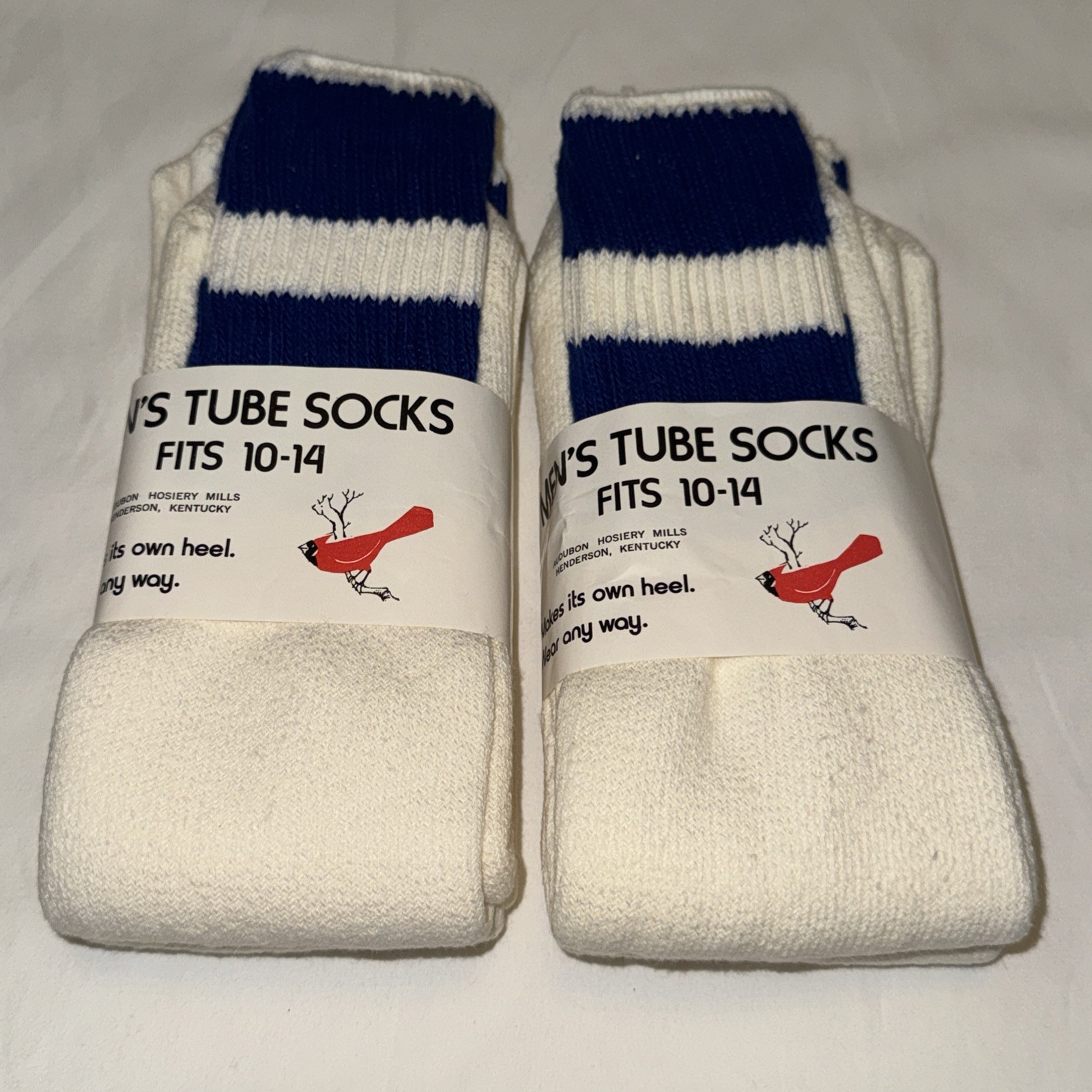 Deadstock Vtg Men’s 4 Pr Cushion TUBE SOCKS Mid Calf 10-14 Lg Striped WHITE BLUE