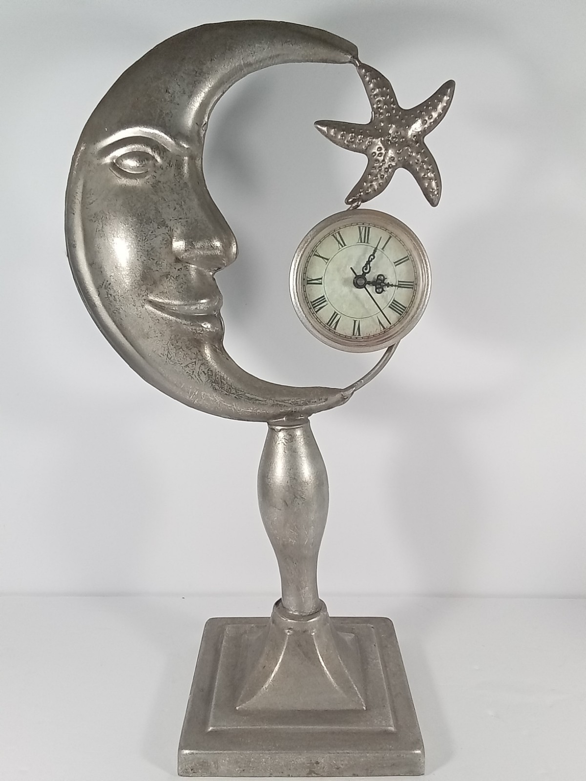 VTG. Celestial Crescent Moon Face Table Clock Cast Aluminum Star Whimsigoth Boho