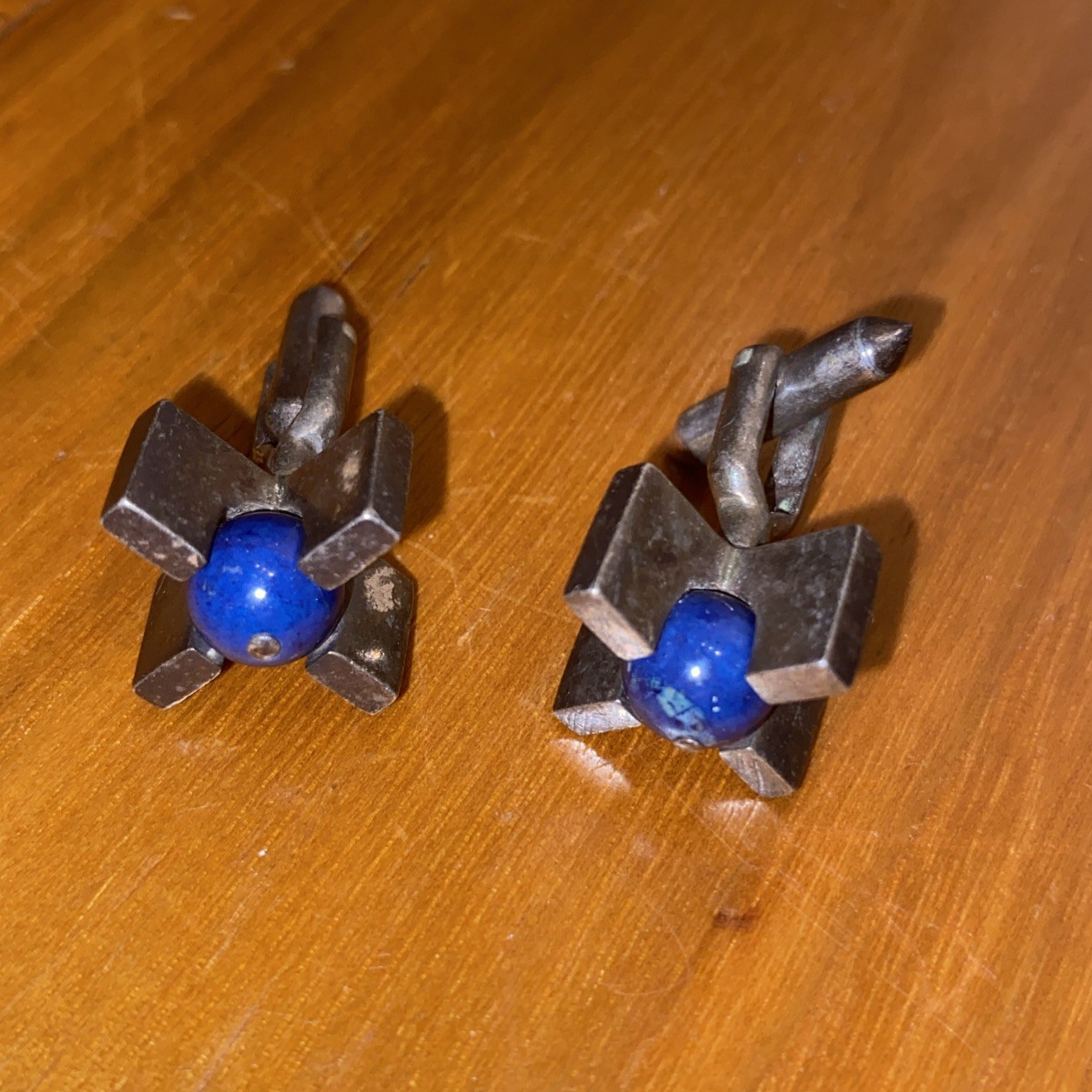 Rare Vintage Antonio Pineda Taxco 970 Silver Floating Lapis Sodalite Cufflinks