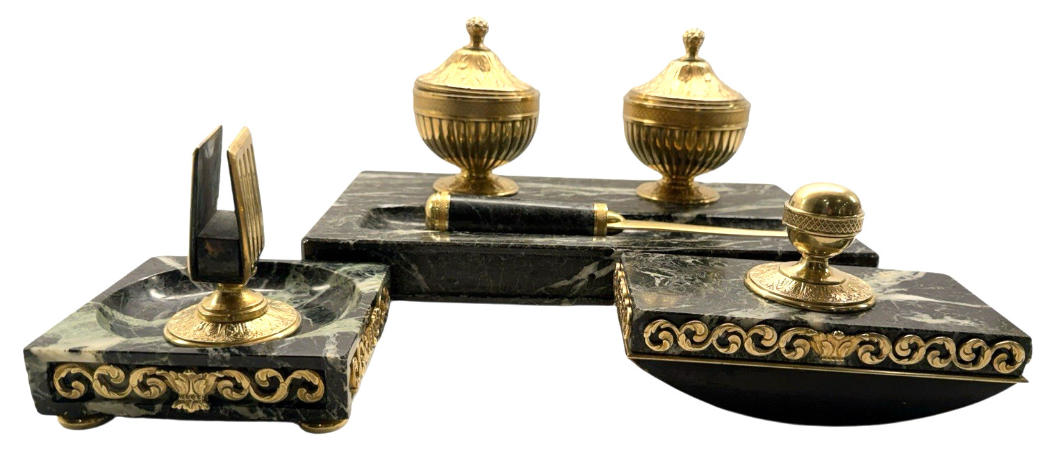 Antique French Napoleon III Gilt Bronze & Verde Antico Marble 4pc Desk Set 1890s Antique French Napoleon III Gilt Bronze & Verde Antico Marble 4pc Desk Set 1890s