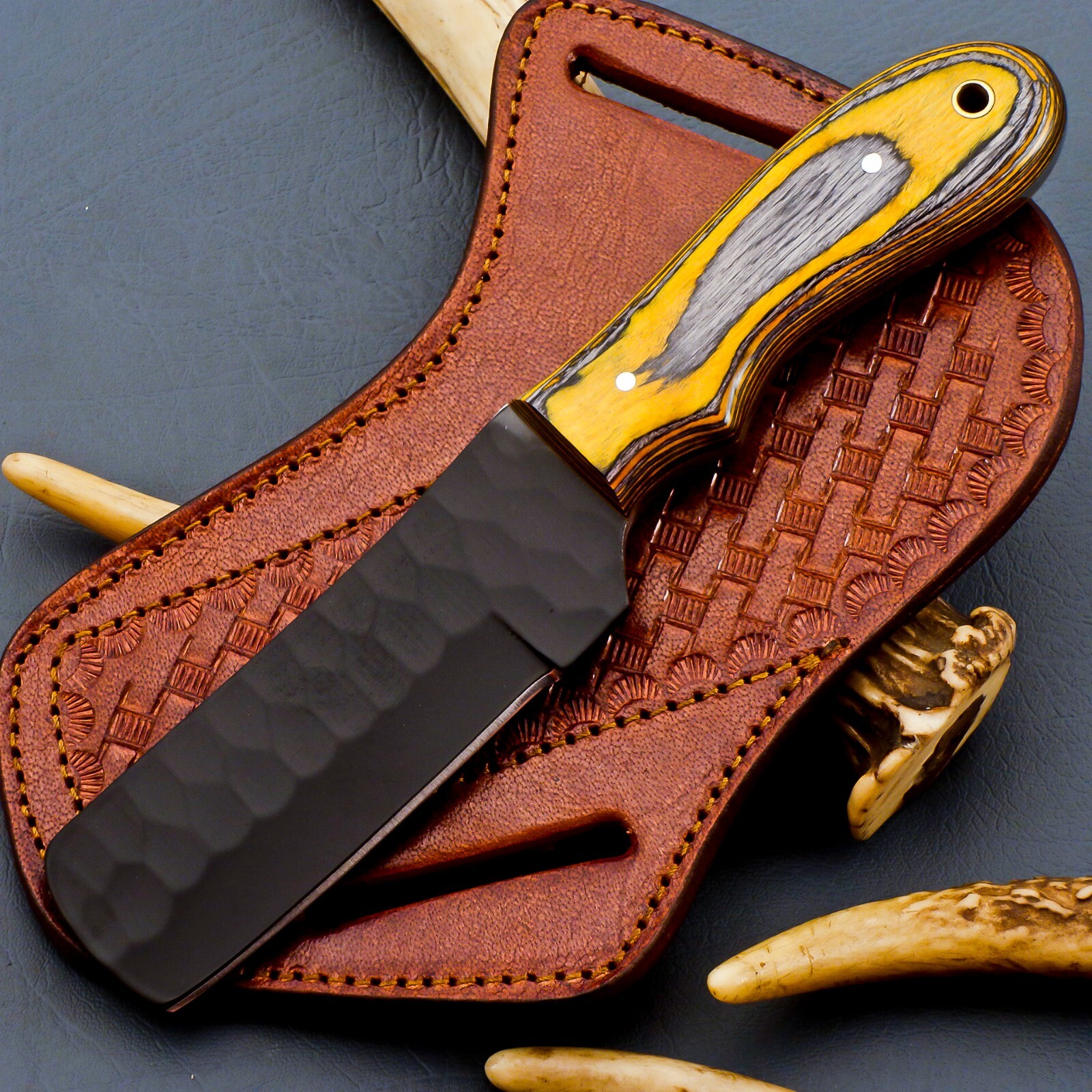 HAND FORGED RAIL ROAD CARBON STEEL BULL CUTTER/COWBOY KNIFE  & WOOD HANDLE; 5910