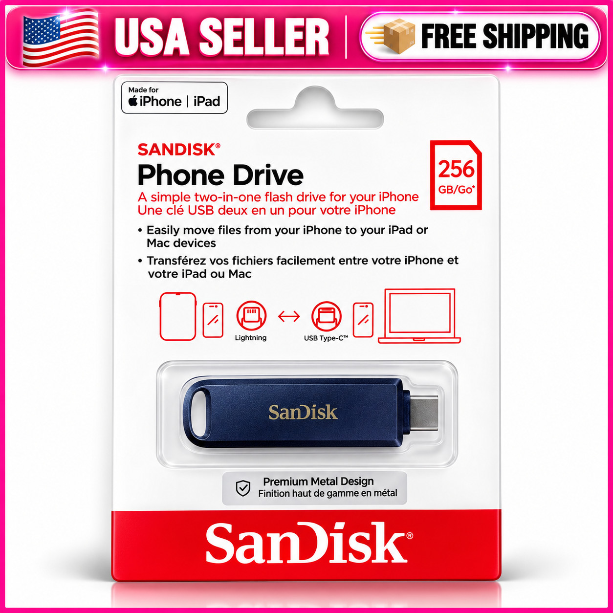 SanDisk 256GB Phone Drive Dual Flash USB-C & Lightning iPhone Mac Metallic Sky SanDisk 256GB Phone Drive Dual Flash USB-C & Lightning iPhone Mac Metallic Sky