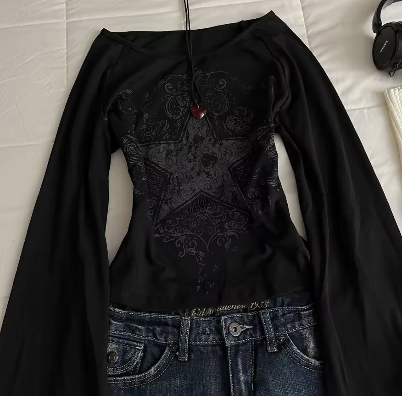 Y2K Gothic Star Long Sleeve Top Off Shoulder Grunge Tee