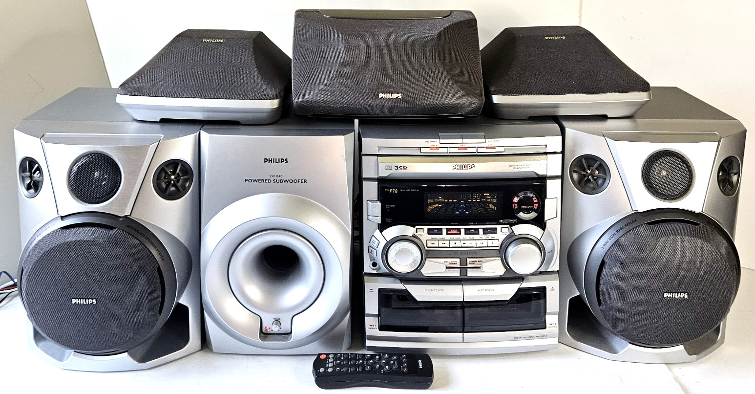 RARE Vintage Philips FW-P78 Mini HiFi System 270 Watts With 6 Speakers & Remote RARE Vintage Philips FW-P78 Mini HiFi System 270 Watts With 6 Speakers & Remote