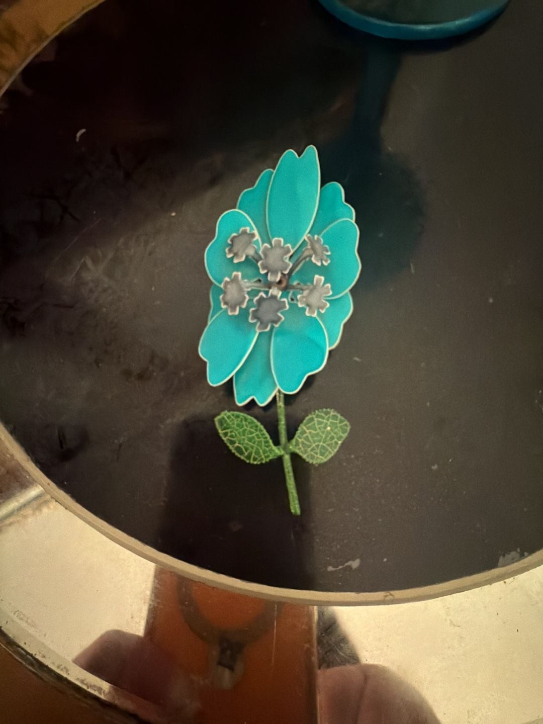 Vintage Mod Enamel Flower Brooch Turquoise Blue Green Stem