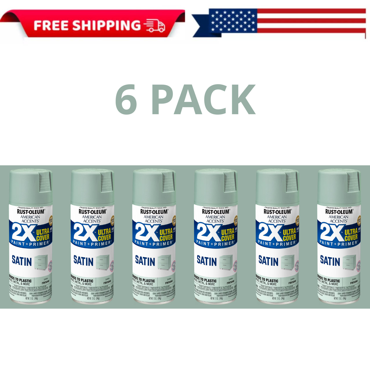 Rust-Oleum American Accents 2X Ultra Cover Satin Spray Paint Renew 12oz, 6 PACK Rust-Oleum American Accents 2X Ultra Cover Satin Spray Paint Renew 12oz, 6 PACK