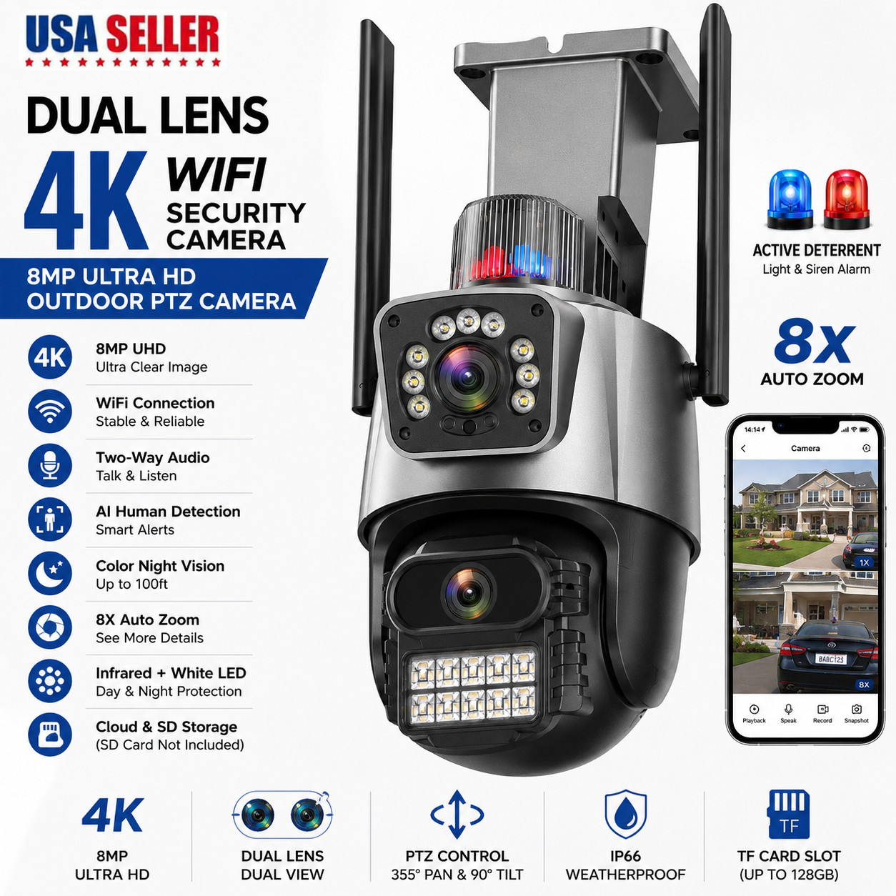 Dual Lens 4K WiFi Security Camera 8X Zoom Outdoor Home Night Vision CCTV PTZ US Dual Lens 4K WiFi Security Camera 8X Zoom Outdoor Home Night Vision CCTV PTZ US