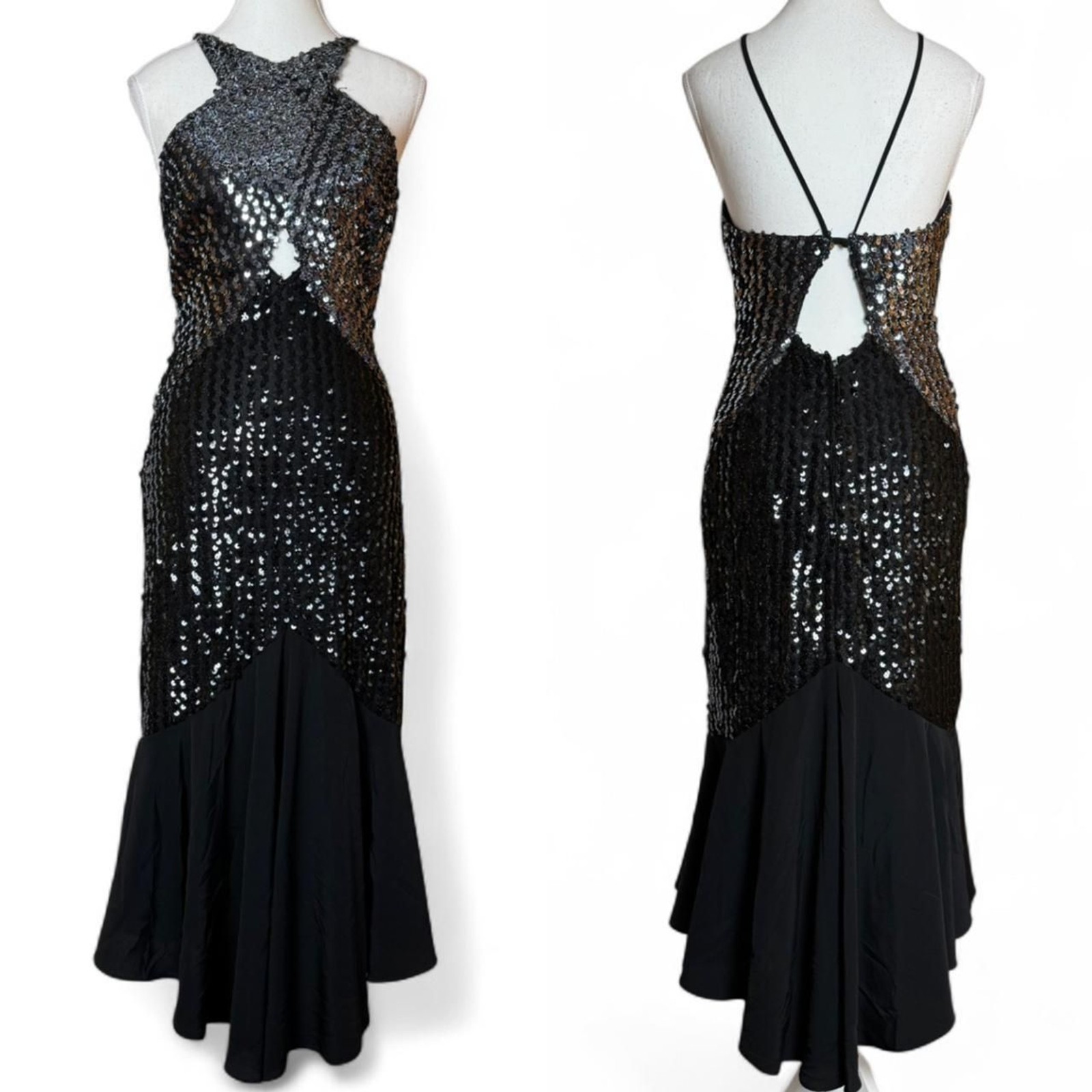 Vintage 80s/90s New Leaf by Samir black and silver sequin glitter halter gown