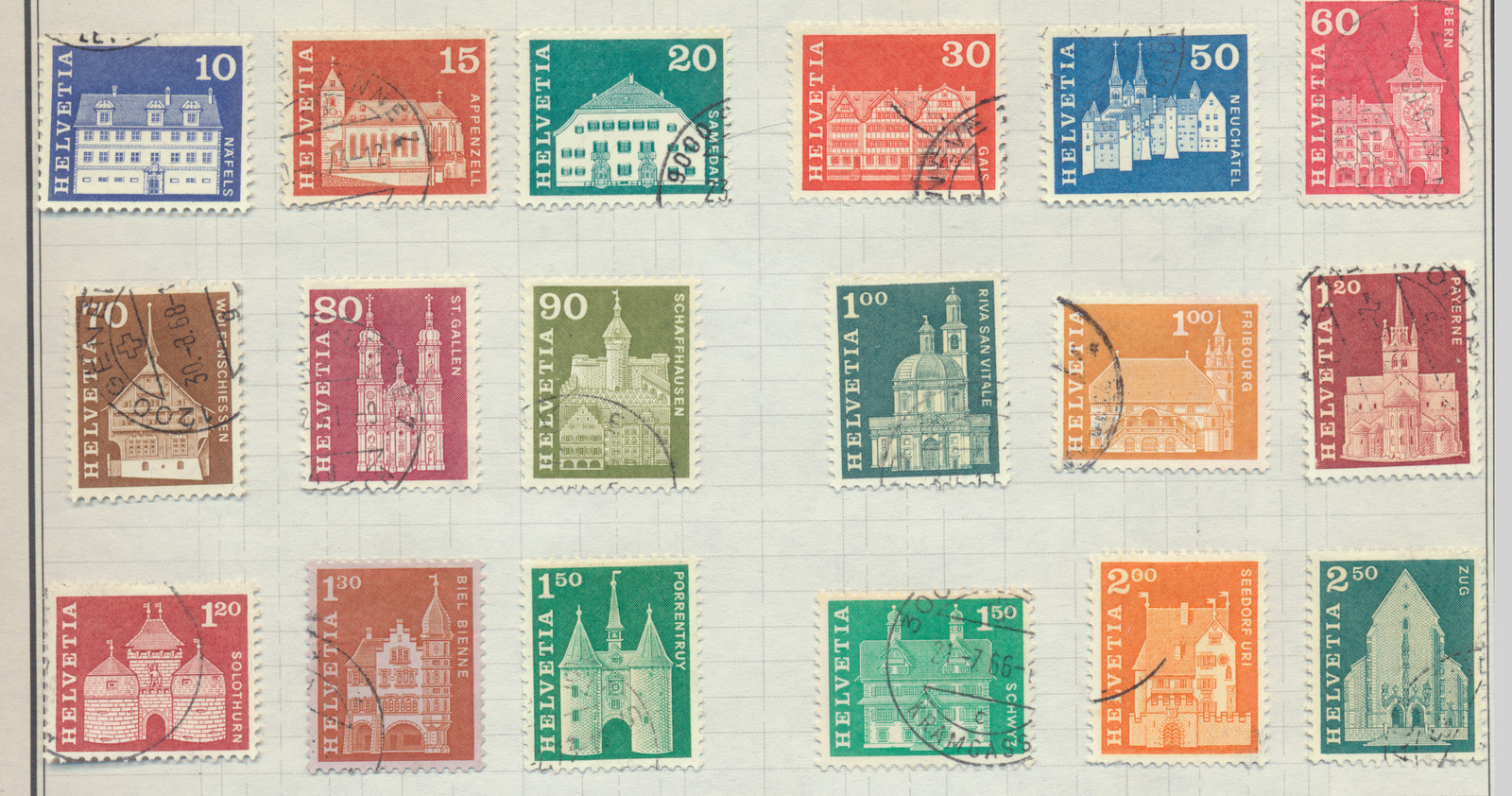 Switzerland Stamps, 1960\'s & 1970\'s Definitive Issues, Used, 18 Different Switzerland Stamps, 1960\'s & 1970\'s Definitive Issues, Used, 18 Different