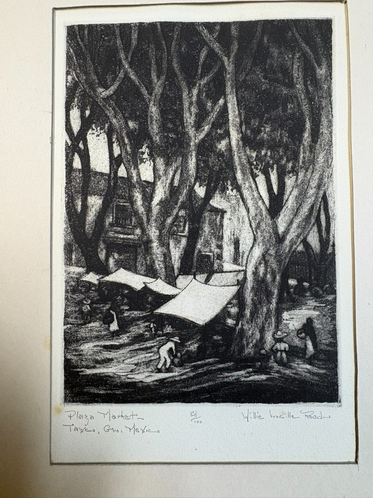 Rare Willie Lucille Reed Signed Aquatint Etching Plaza Market Taxco Mexico