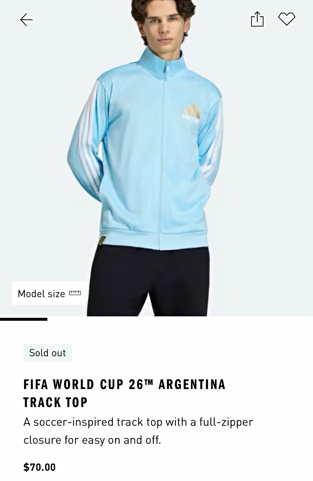 adidas Argentina FIFA World Cup Soccer Track Jacket Full Zip Blue/White - Large