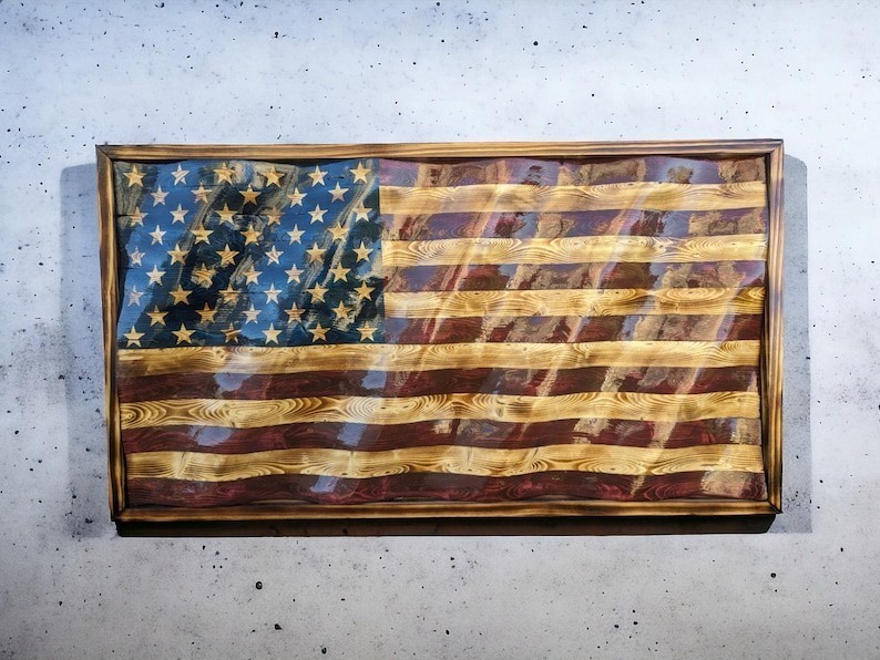 New Framed Wavy Wooden US Flag American Design Flag Burned Personalized Gift