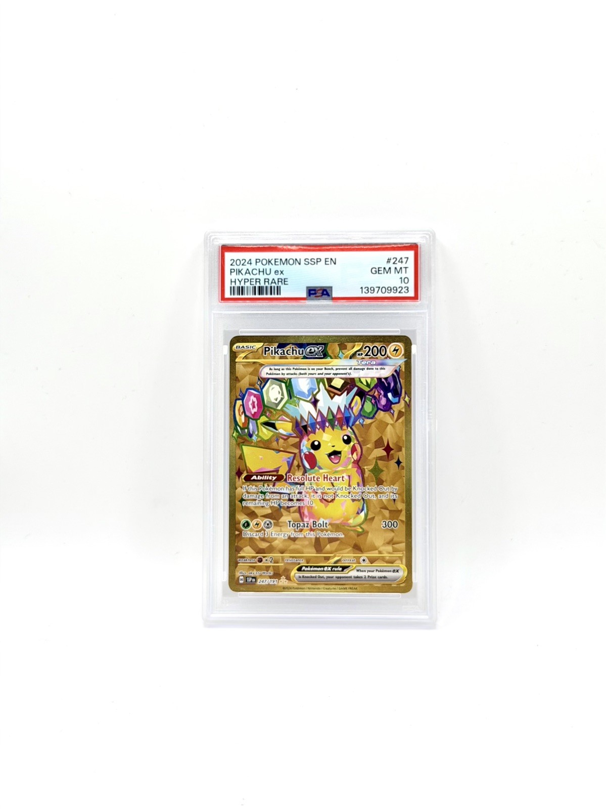 Pokémon 2024 Surging Sparks Pikachu EX #247 Hyper Rare Gold PSA 10 Pokémon 2024 Surging Sparks Pikachu EX #247 Hyper Rare Gold PSA 10