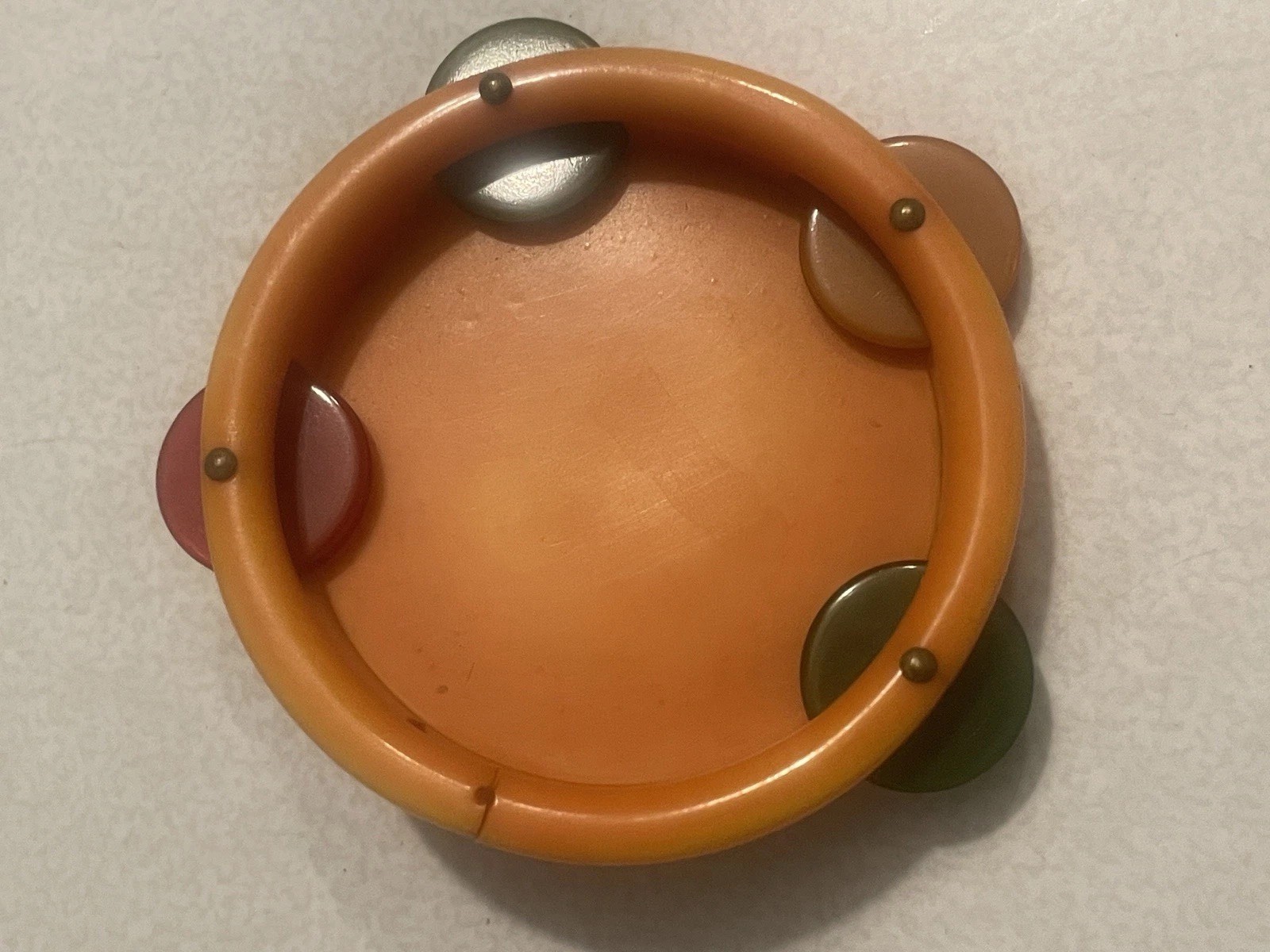 Vtg 1930s Art Deco multi color Bakelite tambourine brooch pin book piece RARE